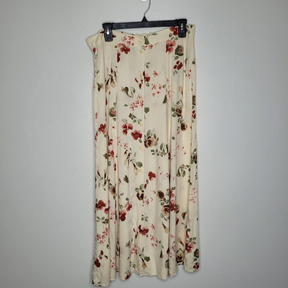 Vintage 90s light yellow floral preppy button front maxi midi cute skirt L FLAW